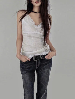 MEATS KNIT LACE HALF SLEEVELESS TOP