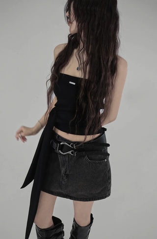 Z UNBAL DIAGONAL DENIM SHORT WRAP SKIRT