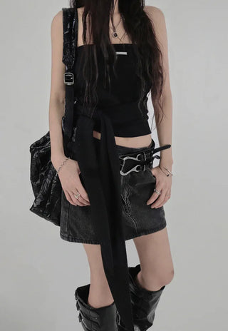 Z UNBAL DIAGONAL DENIM SHORT WRAP SKIRT