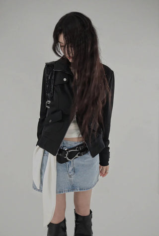 Z UNBAL DIAGONAL DENIM SHORT WRAP SKIRT