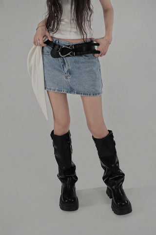 Z UNBAL DIAGONAL DENIM SHORT WRAP SKIRT