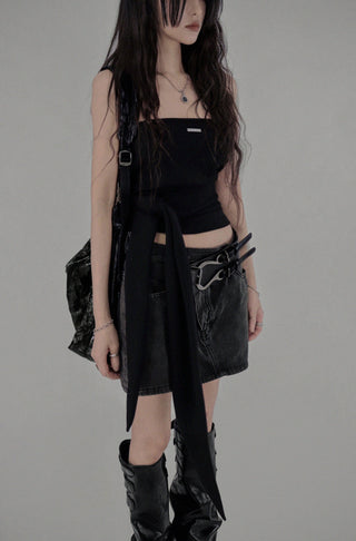 Z UNBAL DIAGONAL DENIM SHORT WRAP SKIRT