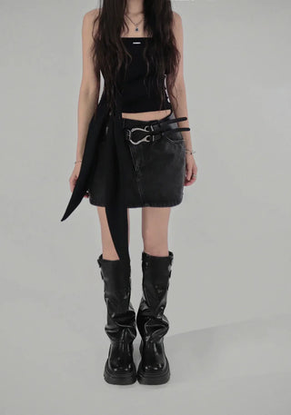 Z UNBAL DIAGONAL DENIM SHORT WRAP SKIRT