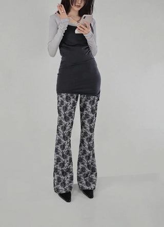 Rose Flower Jacquard Layered Bootcut Pants