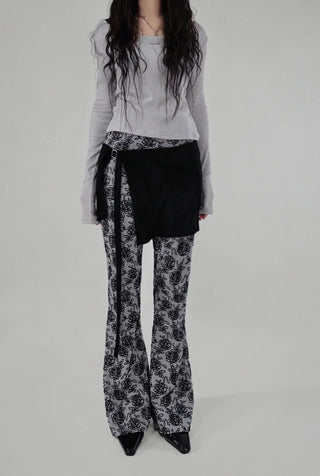 Rose Flower Jacquard Layered Bootcut Pants