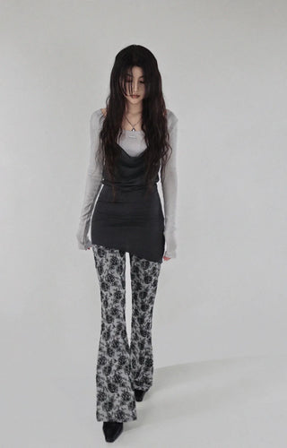 Rose Flower Jacquard Layered Bootcut Pants