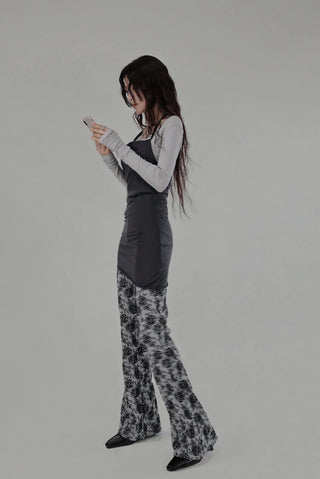 Rose Flower Jacquard Layered Bootcut Pants