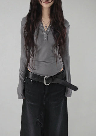 Dot Deep-Slit Black Washing Rivet Maxi Denim Skirt