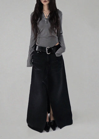 Dot Deep-Slit Black Washing Rivet Maxi Denim Skirt
