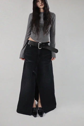Dot Deep-Slit Black Washing Rivet Maxi Denim Skirt