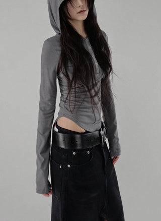 Dot Deep-Slit Black Washing Rivet Maxi Denim Skirt