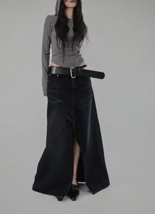 Dot Deep-Slit Black Washing Rivet Maxi Denim Skirt