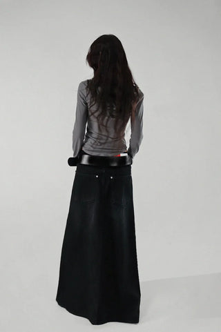 Dot Deep-Slit Black Washing Rivet Maxi Denim Skirt