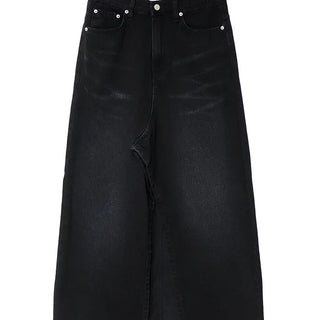 Dot Deep-Slit Black Washing Rivet Maxi Denim Skirt