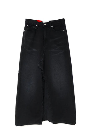 Dot Deep-Slit Black Washing Rivet Maxi Denim Skirt