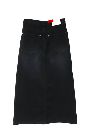 Dot Deep-Slit Black Washing Rivet Maxi Denim Skirt