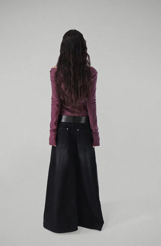 Dot Deep-Slit Black Washing Rivet Maxi Denim Skirt