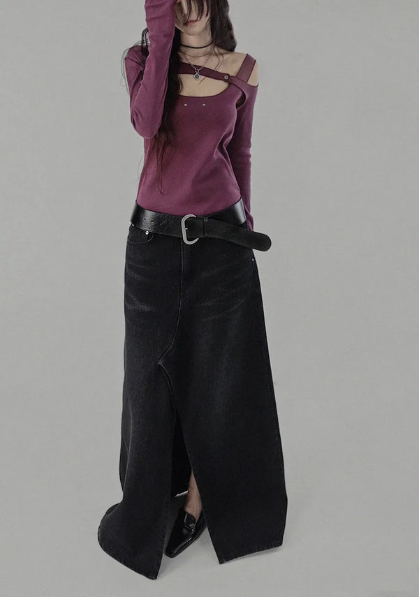 Dot Deep-Slit Black Washing Rivet Maxi Denim Skirt