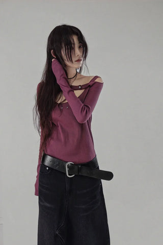 Dot Deep-Slit Black Washing Rivet Maxi Denim Skirt