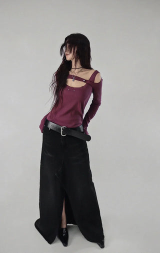 Dot Deep-Slit Black Washing Rivet Maxi Denim Skirt
