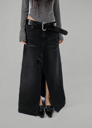 Dot Deep-Slit Black Washing Rivet Maxi Denim Skirt