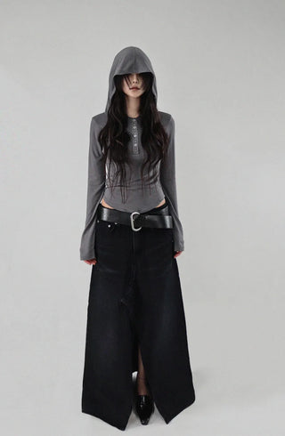 Dot Deep-Slit Black Washing Rivet Maxi Denim Skirt