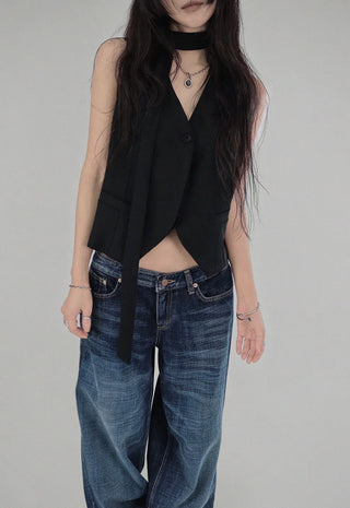 Dark down blue low rise loose wide denim pants