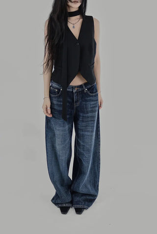 Dark down blue low rise loose wide denim pants