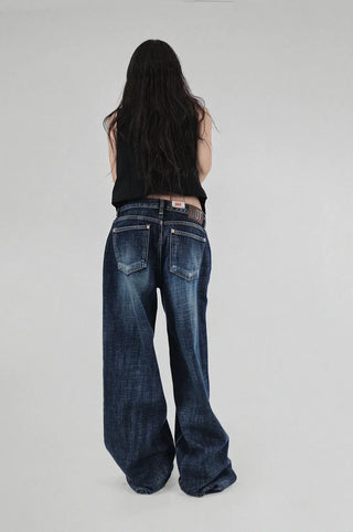 Dark down blue low rise loose wide denim pants
