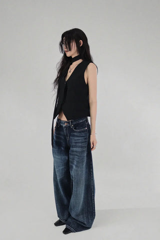 Dark down blue low rise loose wide denim pants
