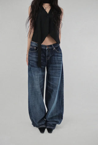Dark down blue low rise loose wide denim pants