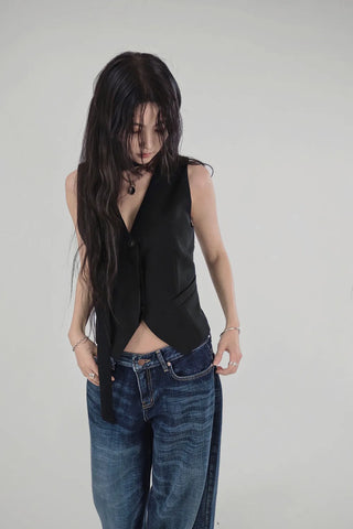 Dark down blue low rise loose wide denim pants