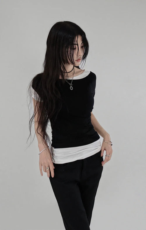 COLOR LAYERED UNBAL TENSION T-SHIRT