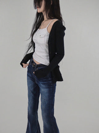 Washed Dark Blue Deep Denim Slim Fit Bootcut Jeans