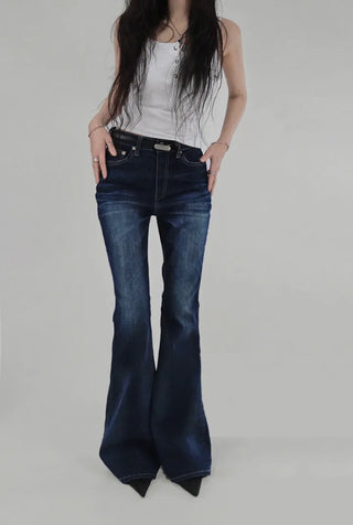 Washed Dark Blue Deep Denim Slim Fit Bootcut Jeans