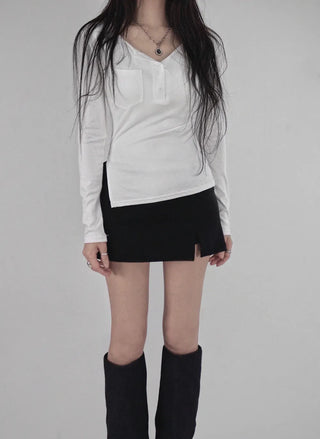 POCKET UNBAL DIAGONAL SLIT LONG-SLEEVED SHIRT