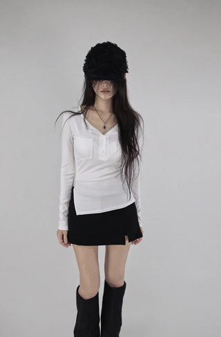 POCKET UNBAL DIAGONAL SLIT LONG-SLEEVED SHIRT
