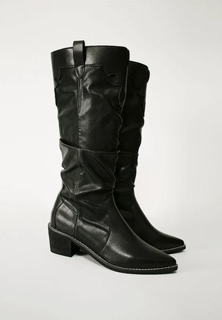 Stitched vegan leather western pleated long boots