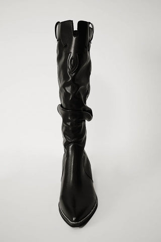 Stitched vegan leather western pleated long boots