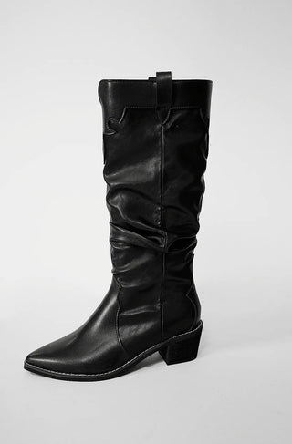 Stitched vegan leather western pleated long boots
