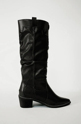 Stitched vegan leather western pleated long boots