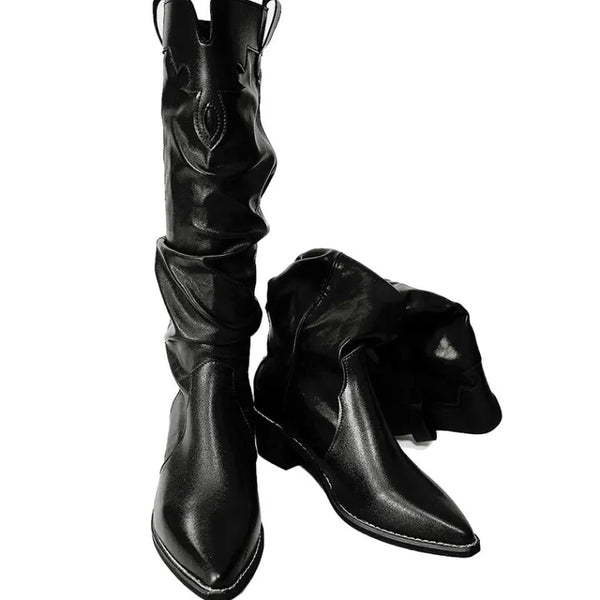 Stitched vegan leather western pleated long boots