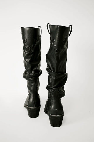 Stitched vegan leather western pleated long boots