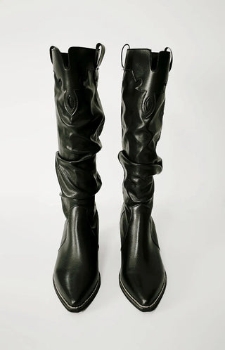 Stitched vegan leather western pleated long boots