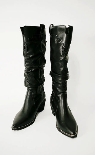 Stitched vegan leather western pleated long boots