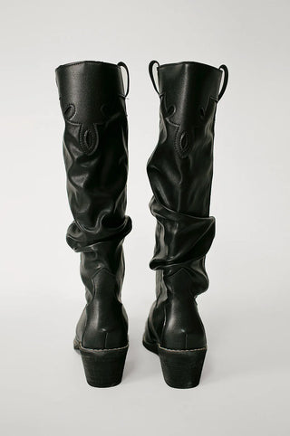 Stitched vegan leather western pleated long boots