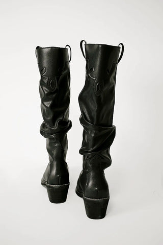 Stitched vegan leather western pleated long boots