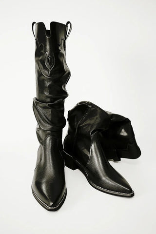 Stitched vegan leather western pleated long boots