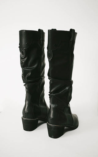 Stitched vegan leather western pleated long boots