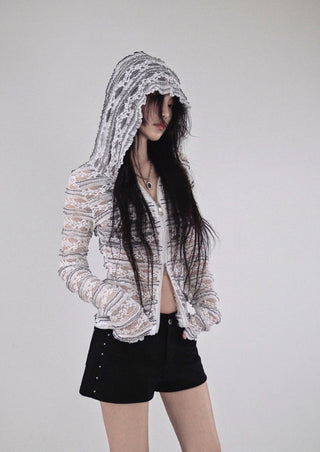 Hippie See-Through Lace Two-Way Zip-Up Hooded Cardigan
